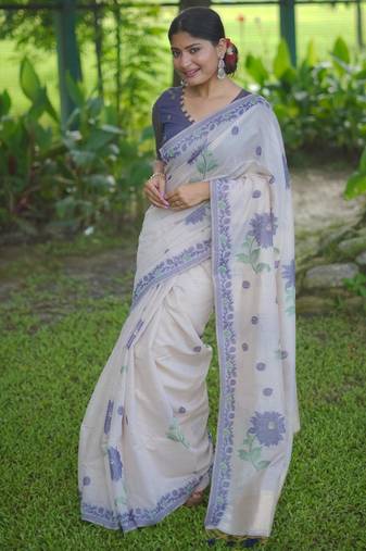 Blue muga cotton jamdani weaving saree with resham buttas & fancy pallu with blouse