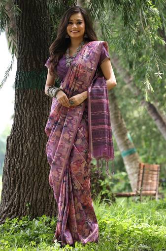 Purple tussar silk saree with hand printed design & zari border | printed pallu with tassels | running blouse piece