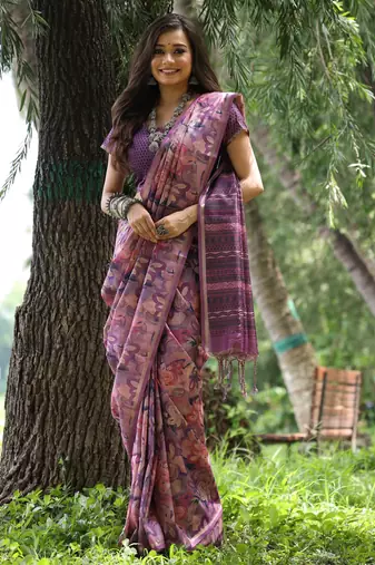 Purple tussar silk saree with hand printed design & zari border | printed pallu with tassels | running blouse piece