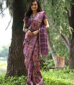 Purple tussar silk saree with hand printed design & zari border | printed pallu with tassels | running blouse piece
