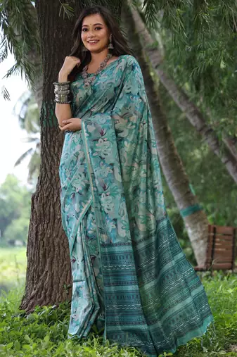 Sea-green tussar silk saree with hand printed design & zari border | printed pallu with tassels | running blouse piece