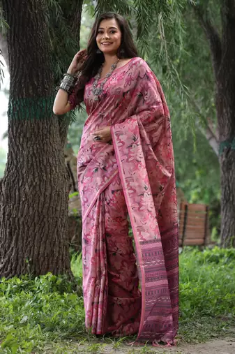Pink tussar silk saree with hand-style printed design & zari border | printed pallu with tassels | running blouse piece