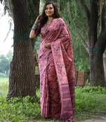 Pink tussar silk saree with hand-style printed design & zari border | printed pallu with tassels | running blouse piece
