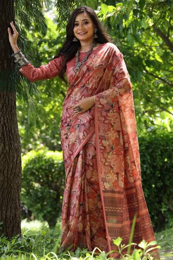 Peach tussar silk saree with hand-style printed design & zari border | printed pallu with tassels | running blouse piece