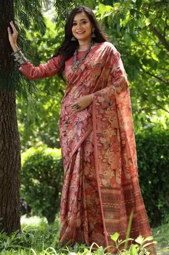 Peach tussar silk saree with hand-style printed design & zari border | printed pallu with tassels | running blouse piece