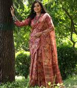 Peach tussar silk saree with hand-style printed design & zari border | printed pallu with tassels | running blouse piece