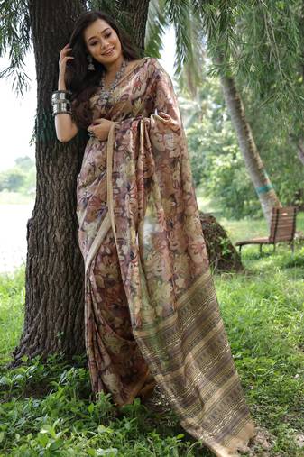 Brown tussar silk saree with hand-style printed design & zari border | printed pallu with tassels | running blouse piece