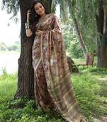 Brown tussar silk saree with hand-style printed design & zari border | printed pallu with tassels | running blouse piece