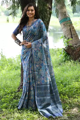 Blue tussar silk saree with hand-style printed design & zari border | printed pallu with tassels | running blouse piece