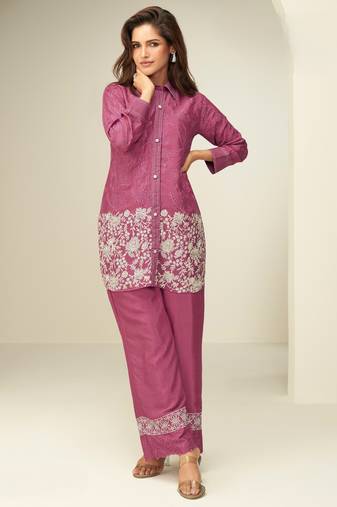 Pink Chinon Silk Embroidery & Cut Work Cord Set