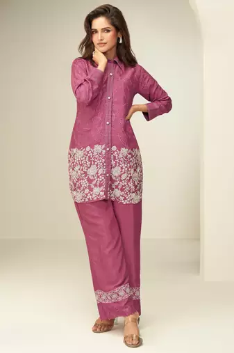Pink Chinon Silk Embroidery & Cut Work Cord Set