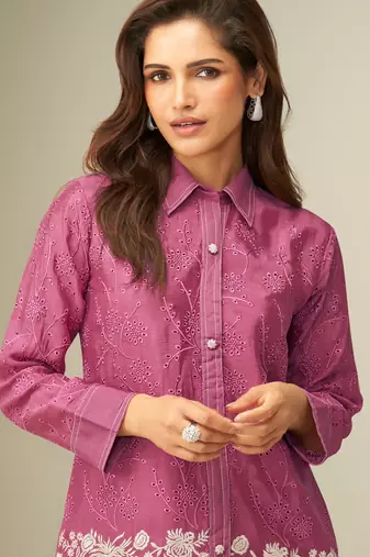 pink chinon silk embroidery & cut work cord set