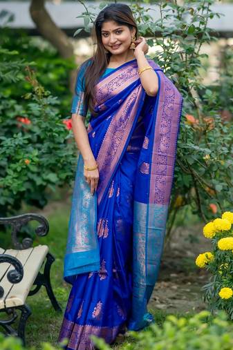 Royal blue banarasi katan silk saree with all over zari weaving & contrast pallu