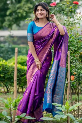 Purple banarasi katan silk saree with all over zari weaving & rich contrast pallu