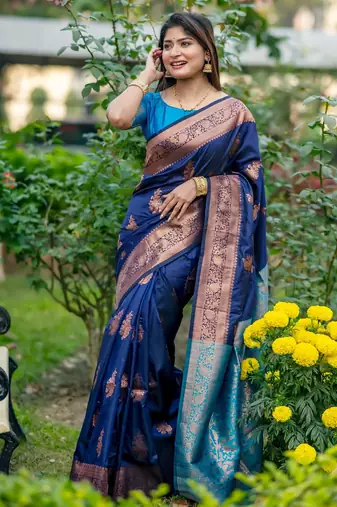 Navy blue banarasi katan silk saree with all over zari weaving & rich contrast pallu