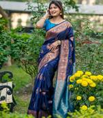 Navy blue banarasi katan silk saree with all over zari weaving & rich contrast pallu