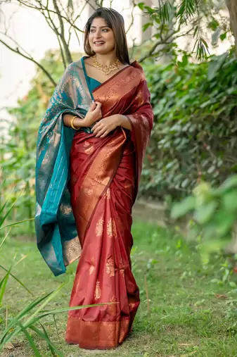 Maroon banarasi katan silk saree with all over zari weaving & rich contrast pallu