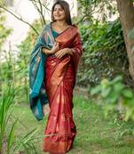 Maroon banarasi katan silk saree with all over zari weaving & rich contrast pallu
