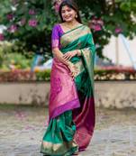 Dark green banarasi katan silk saree with all over zari weaving & rich contrast pallu