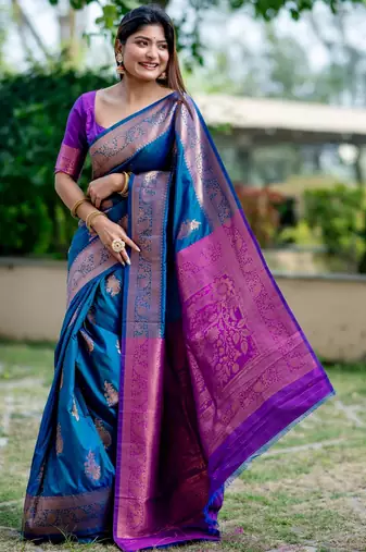 Blue banarasi katan silk saree with all over zari weaving & rich contrast pallu