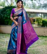 Blue banarasi katan silk saree with all over zari weaving & rich contrast pallu