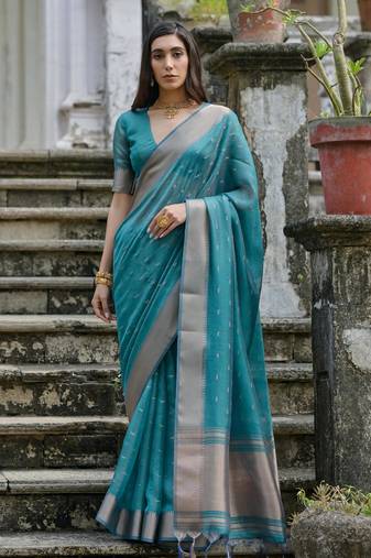 Teal green soft silk kalyani saree with small zari butties & broad zari border