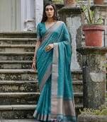 Teal green soft silk kalyani saree with small zari butties & broad zari border