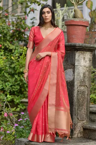 Coral pink soft silk kalyani saree with small zari butties & broad zari border | traditional zari woven saree blouse