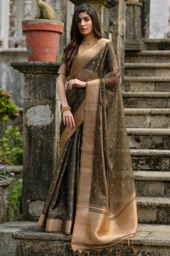 Coffee brown soft silk kalyani saree with small zari butties & broad zari border | traditional zari woven saree blouse