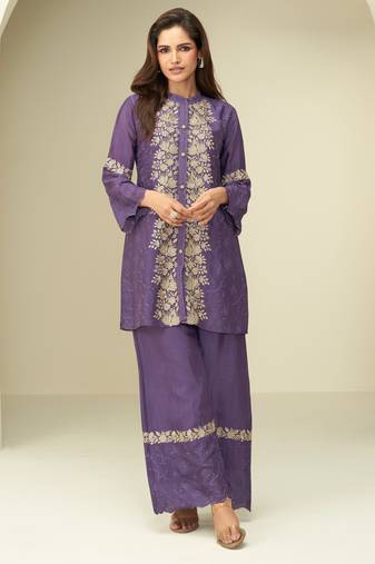 Purple Chinon Silk Embroidery & Cut Work Cord Set