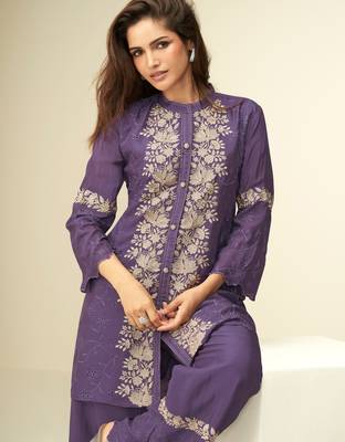 purple chinon silk embroidery & cut work cord set 2