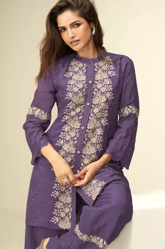 purple chinon silk embroidery & cut work cord set
