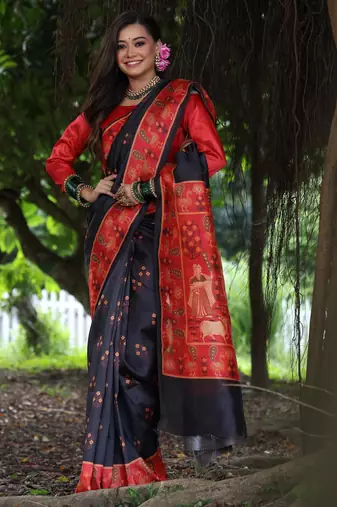 black soft tussar art silk peacock design saree with traditional printed pallu & contrast border     with blouse