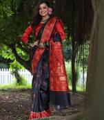 black soft tussar art silk peacock design saree with traditional printed pallu & contrast border     with blouse