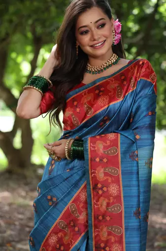 blue soft tussar art silk peacock design saree with traditional printed pallu & contrast border     with blouse