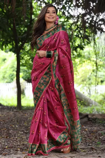 pink soft tussar art silk peacock design saree with traditional printed pallu & contrast border – with blouse
