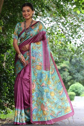 Reddish-pink tussar silk kalamkari printed saree with traditional pallu & temple border | tussar silk saree with blouse