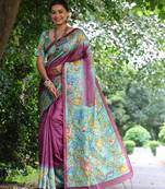 Reddish-pink tussar silk kalamkari printed saree with traditional pallu & temple border | tussar silk saree with blouse