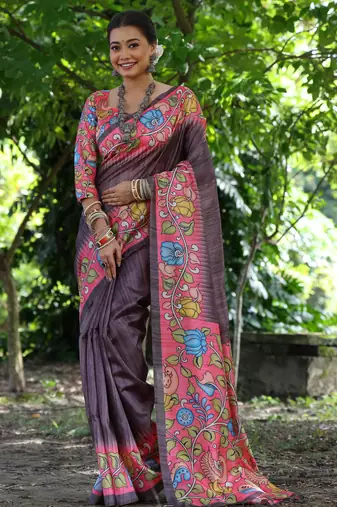 Brownish-mauve tussar silk kalamkari printed saree with traditional pallu & temple border | tussar silk saree + blouse