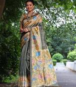 Grey tussar silk kalamkari printed saree with traditional pallu & temple border | tussar silk saree + blouse