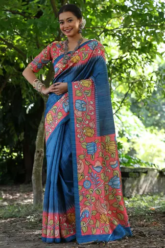 Blue tussar silk kalamkari printed saree with traditional pallu & temple border | tussar silk saree + blouse