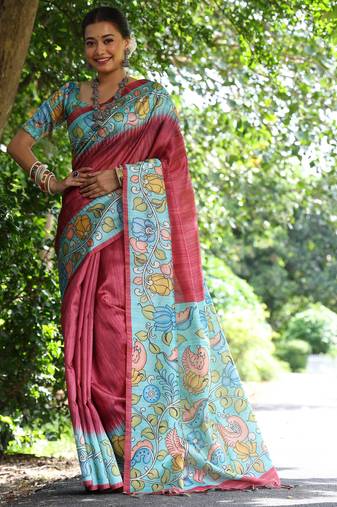 Maroon tussar silk kalamkari printed saree with traditional pallu & temple border | tussar silk saree + blouse
