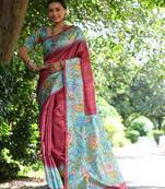 Maroon tussar silk kalamkari printed saree with traditional pallu & temple border | tussar silk saree + blouse