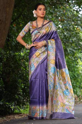 Purple tussar silk kalamkari printed saree with traditional pallu & temple border | tussar silk saree + blouse