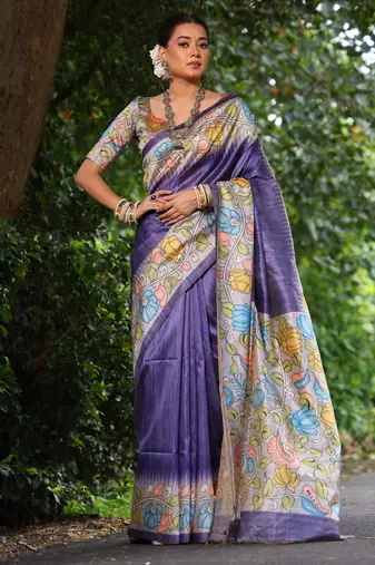Purple tussar silk kalamkari printed saree with traditional pallu & temple border | tussar silk saree + blouse