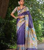 Purple tussar silk kalamkari printed saree with traditional pallu & temple border | tussar silk saree + blouse