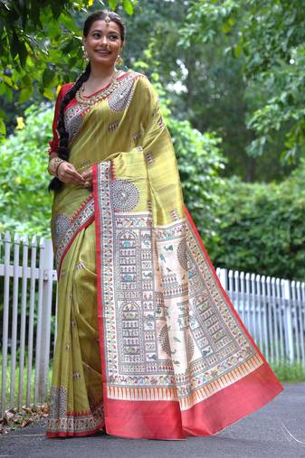 Mustard yellow tussar silk saree with madhubani print & warli pallu | kalamkari style traditional saree with blouse