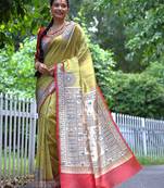 Mustard yellow tussar silk saree with madhubani print & warli pallu | kalamkari style traditional saree with blouse