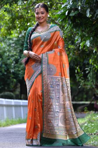 Orange tussar silk saree with madhubani print & warli pallu | kalamkari style traditional saree with blouse