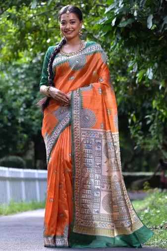 Orange tussar silk saree with madhubani print & warli pallu | kalamkari style traditional saree with blouse